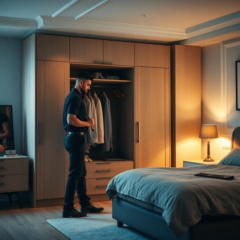 Montador profissional finalizando a instalação de um guarda-roupa moderno